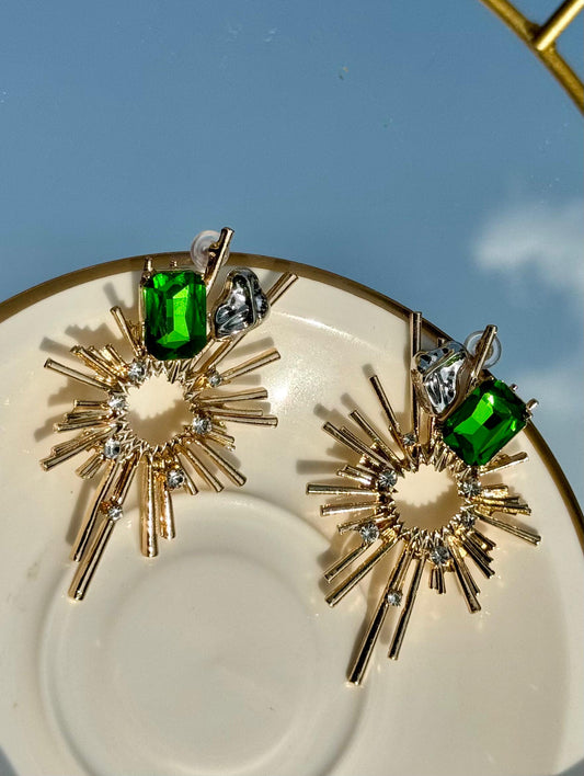 Gold Sun Drop Earrings with Green Stone