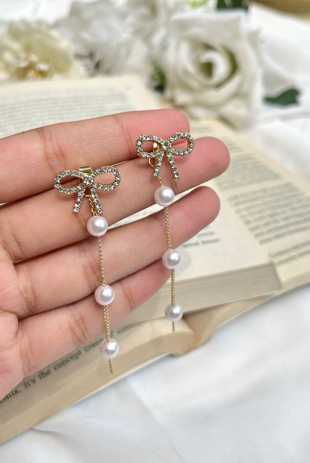 Bow with Dangle Pearl Earrings