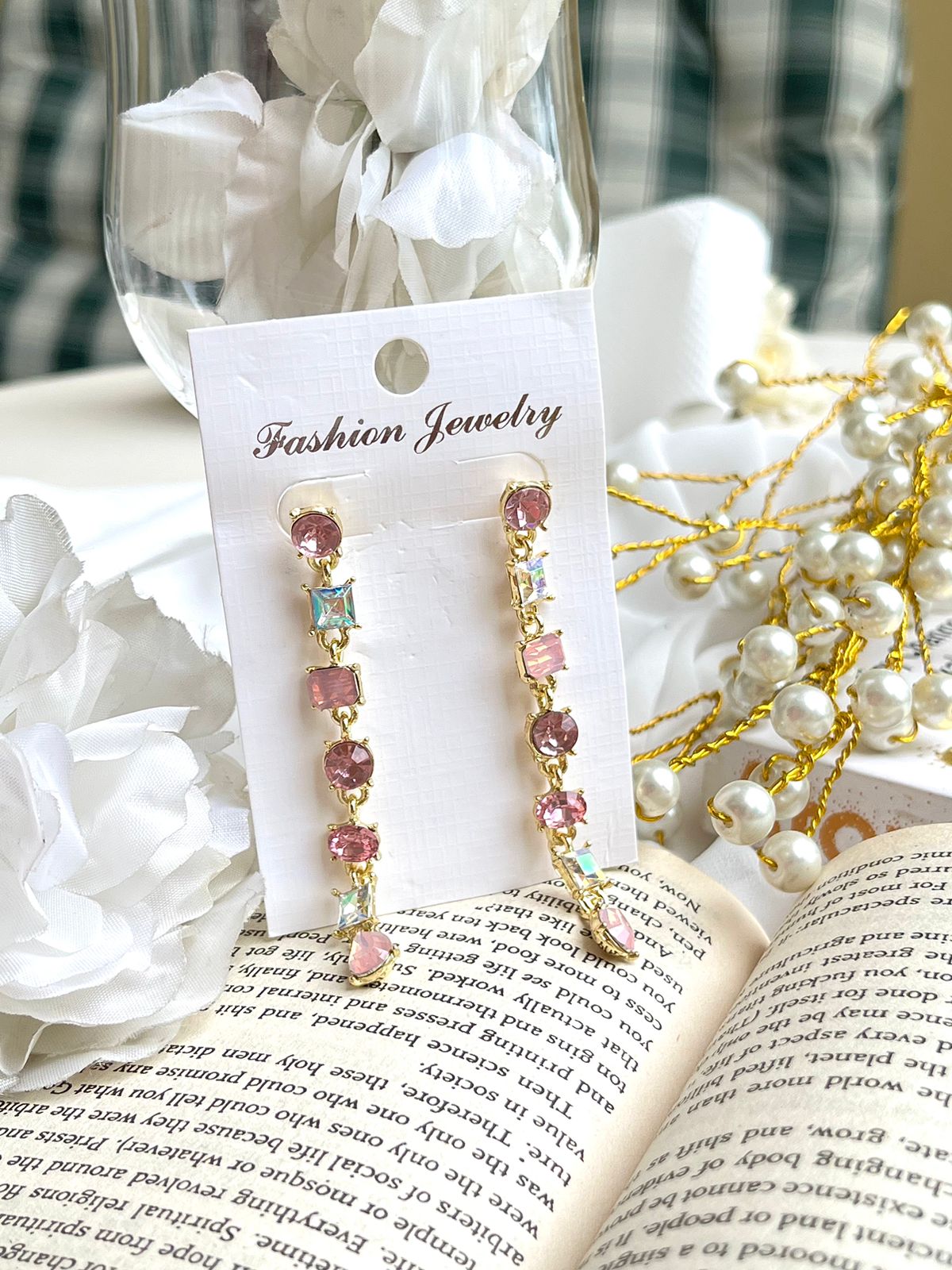 Pink Crystal Long Dangle Earrings