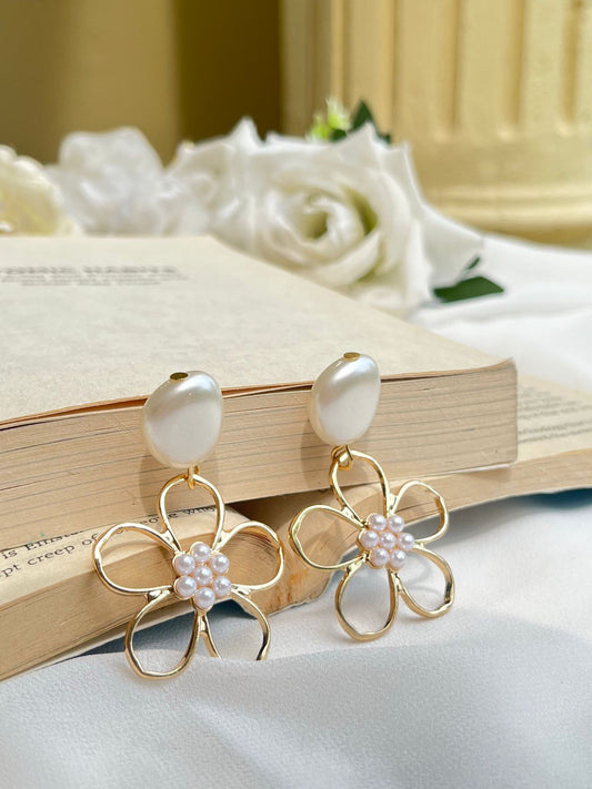 Gold Flower Metal and Pearl Earrings