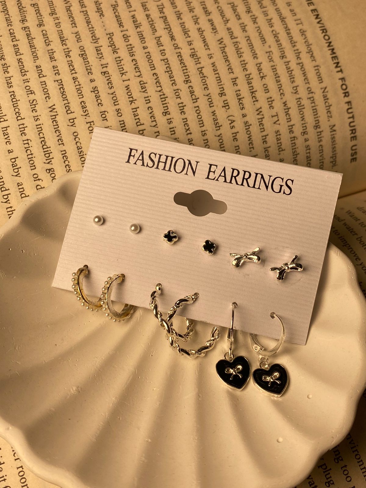 6 Pair Black & Silver Studs Set