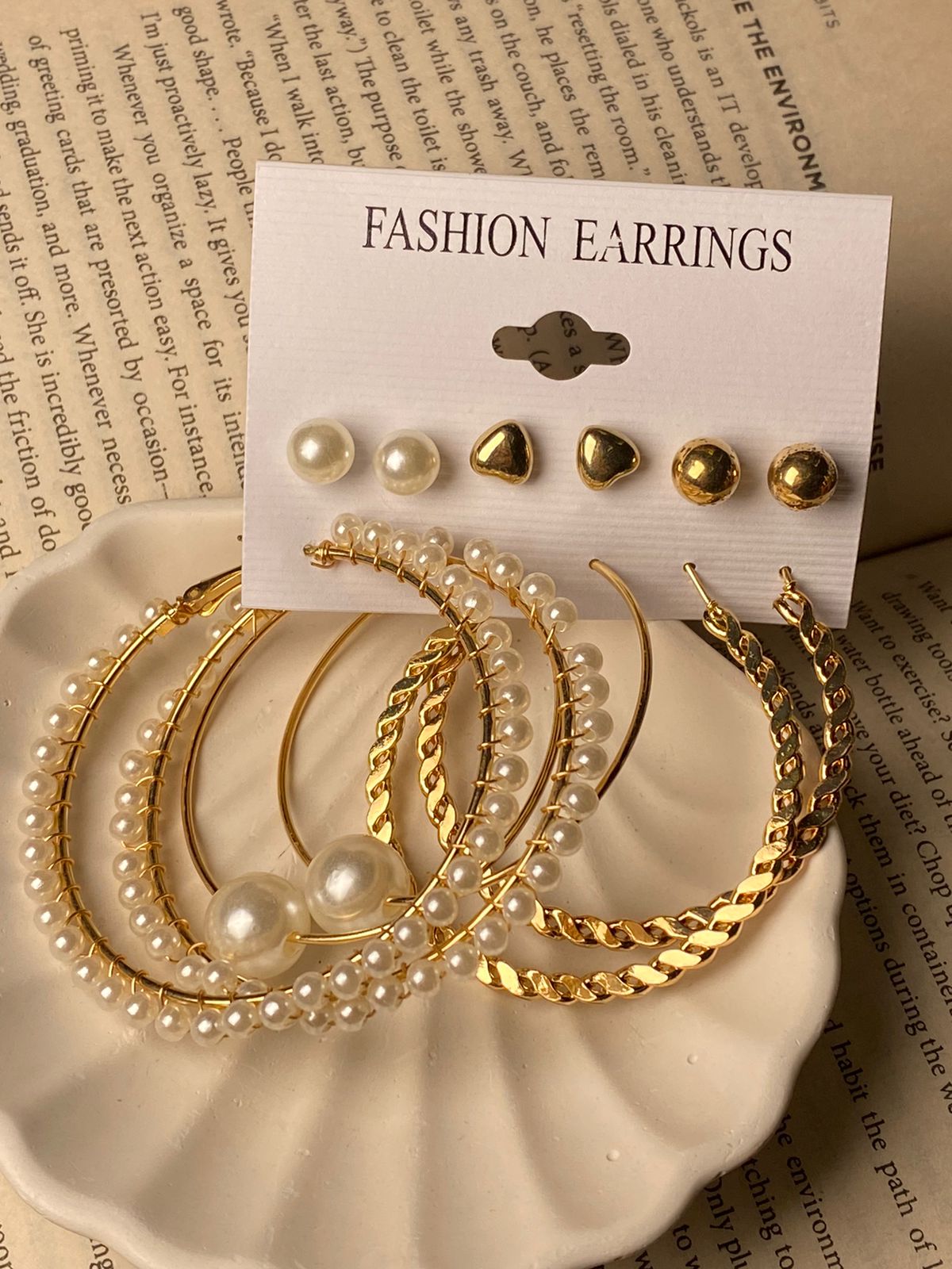 6 Pair Boho Pearl & Gold Studs and Hoops Earrings Set