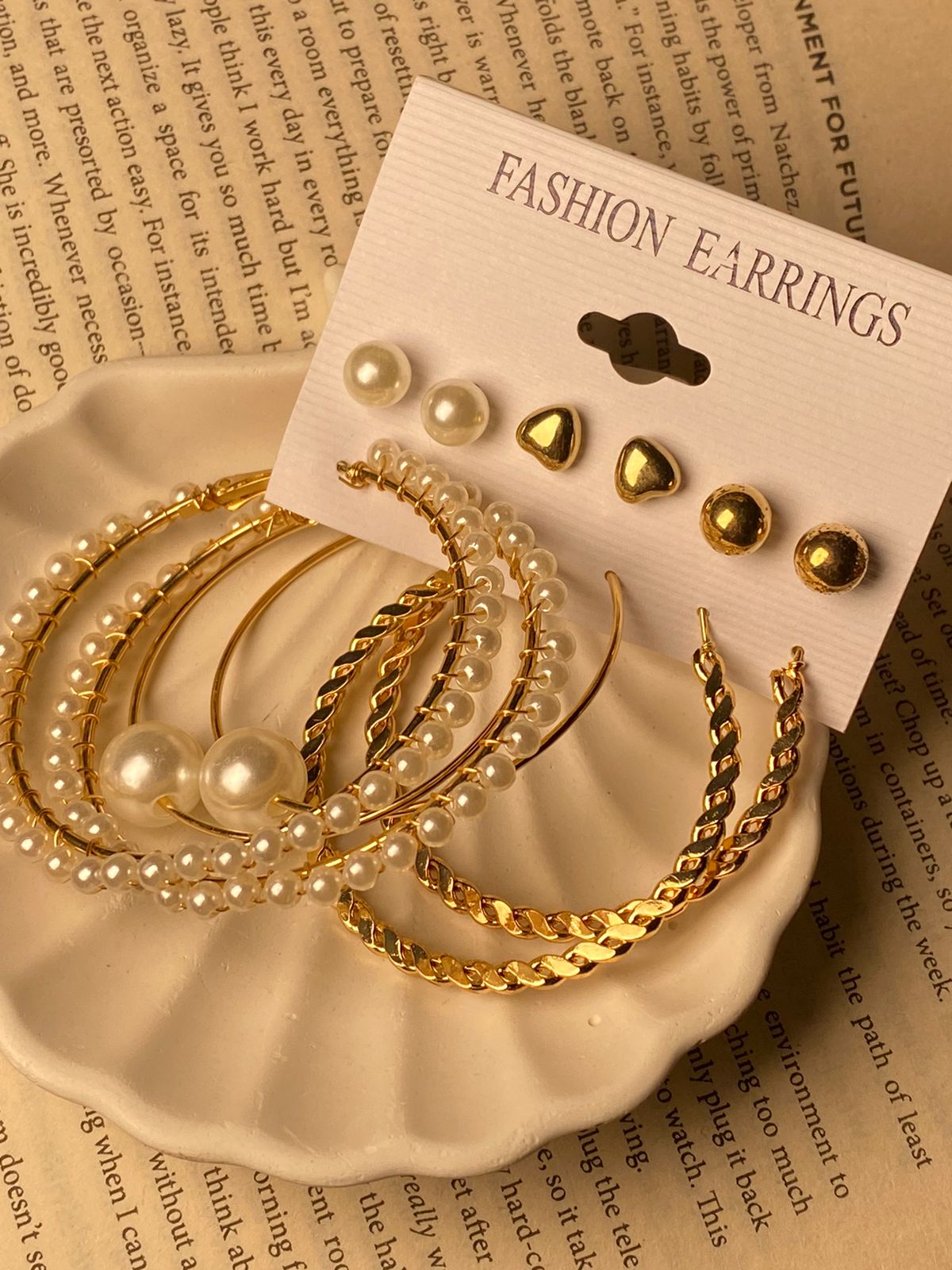 6 Pair Boho Pearl & Gold Studs and Hoops Earrings Set